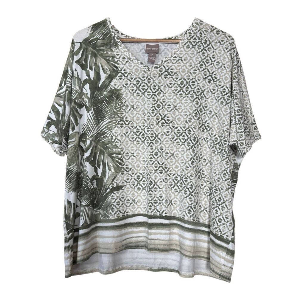 Chico’s short sleeve tropical geometric print top green white size XL | 3
